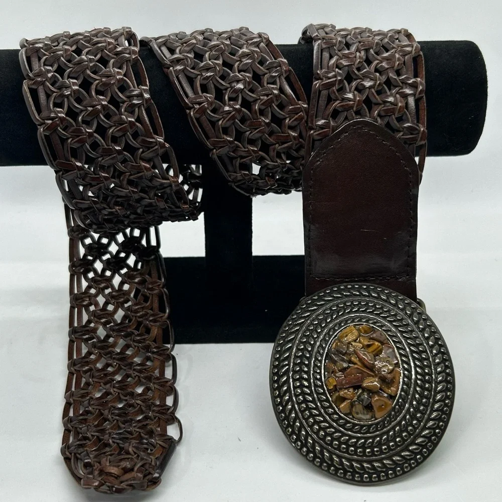 Women’s Boho Woven Leather Belt With Bronze Tone Stone Detail Buckle Size Large